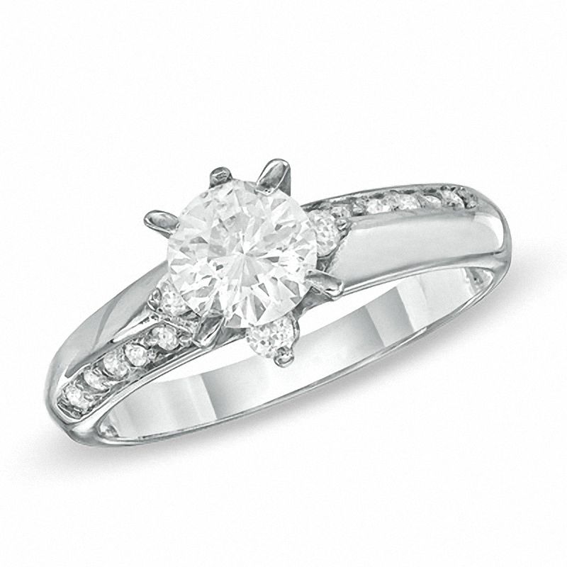 Cubic Zirconia Solitaire Alternating Pavé Engagement Ring in Sterling Silver - Size 7