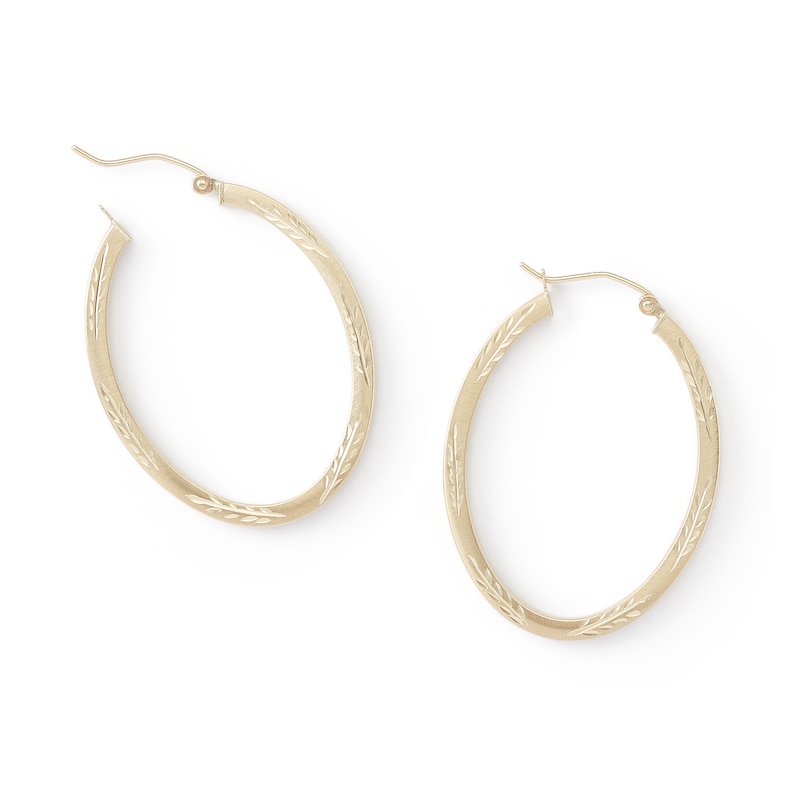 10K Gold Diamond-Cut Satin Oval Hoop Earrings