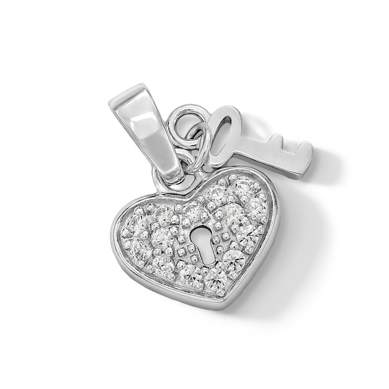 Solid Sterling Silver CZ Heart Key Necklace Charm