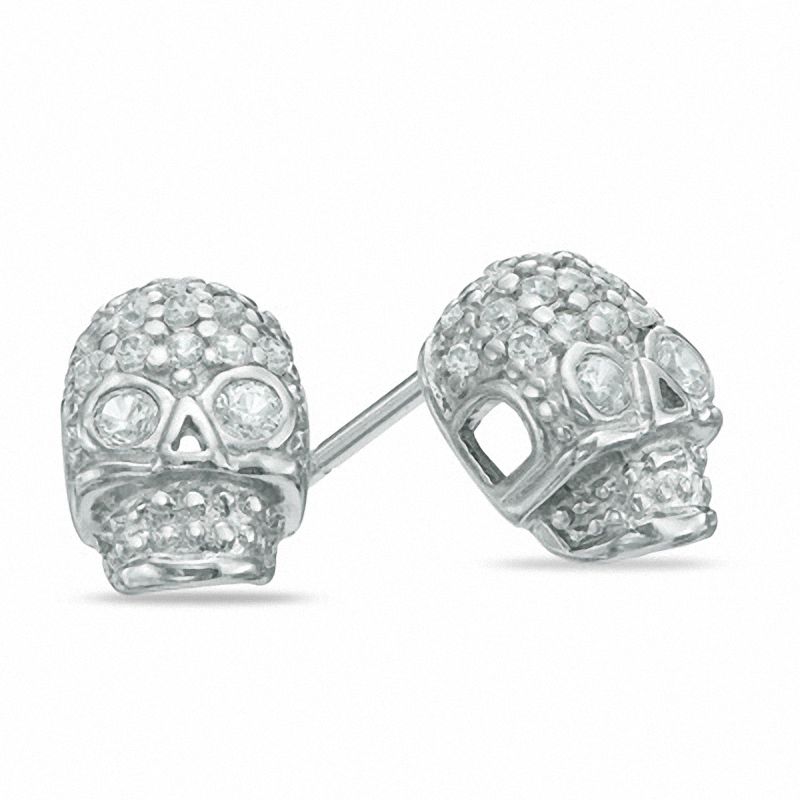 Cubic Zirconia Skull Stud Earrings in Sterling Silver