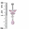 014 Gauge Butterfly Belly Button Ring with Pink Cubic Zirconia in Stainless Steel