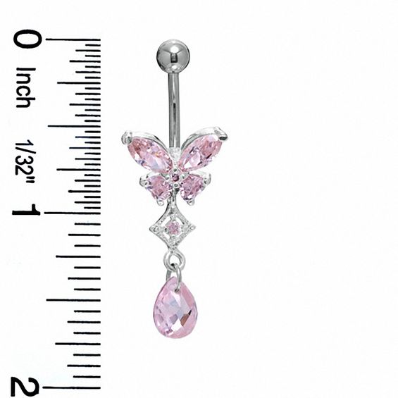 014 Gauge Butterfly Belly Button Ring with Pink Cubic Zirconia in Stainless Steel