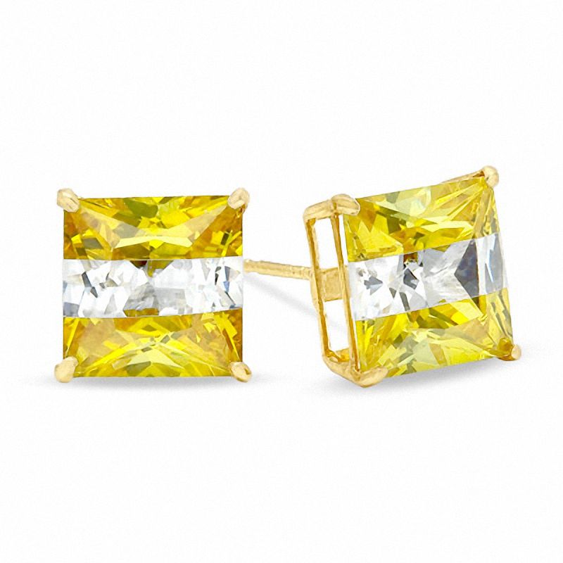 Main Image 1 of 8.0mm Princess-Cut Yellow and White Cubic Zirconia Striped Stud Earrings in 10K Gold