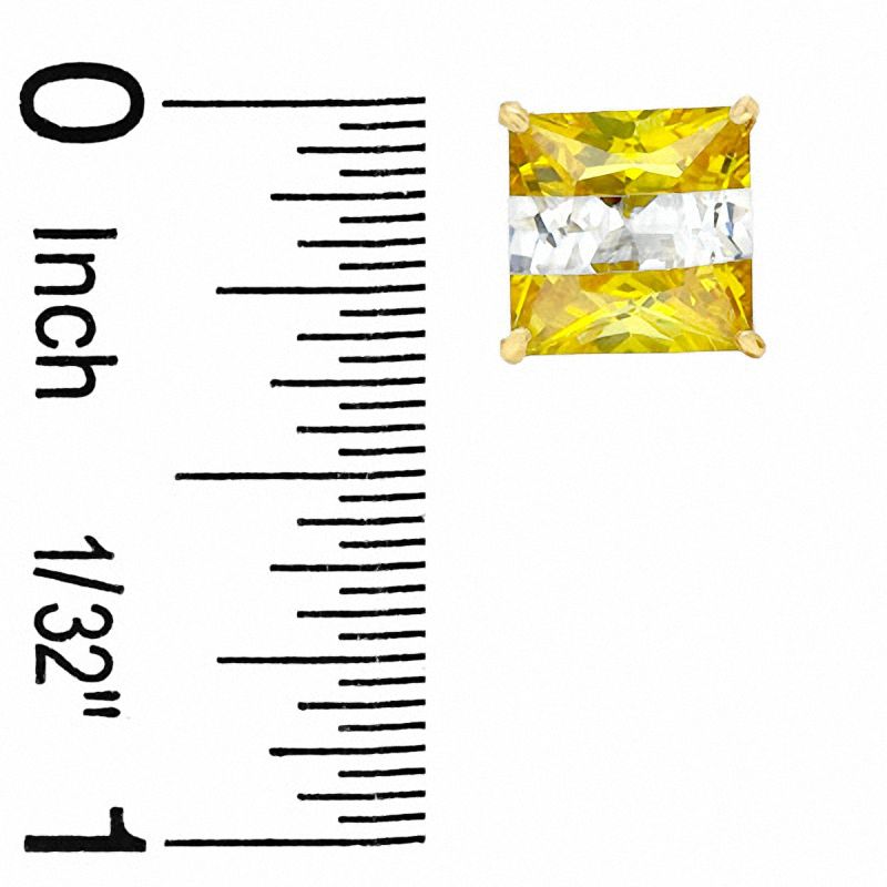 Main Image 2 of 8.0mm Princess-Cut Yellow and White Cubic Zirconia Striped Stud Earrings in 10K Gold