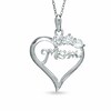 Cubic Zirconia Three Stone MOM Heart Pendant in Sterling Silver