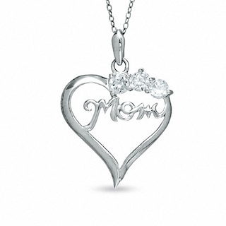 Cubic Zirconia Three Stone MOM Heart Pendant in Sterling Silver