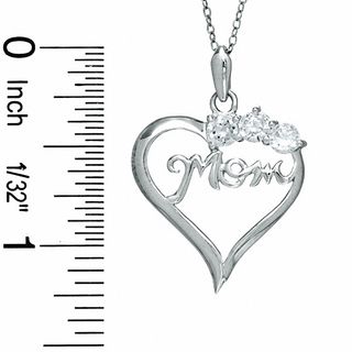 Cubic Zirconia Three Stone MOM Heart Pendant in Sterling Silver