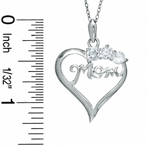 Cubic Zirconia Three Stone MOM Heart Pendant in Sterling Silver