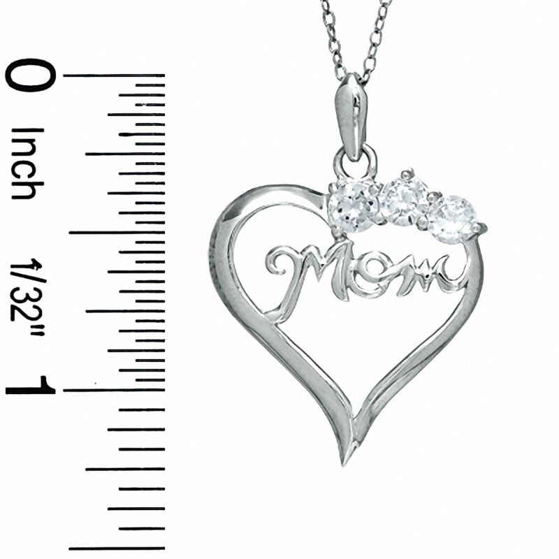 Cubic Zirconia Three Stone MOM Heart Pendant in Sterling Silver