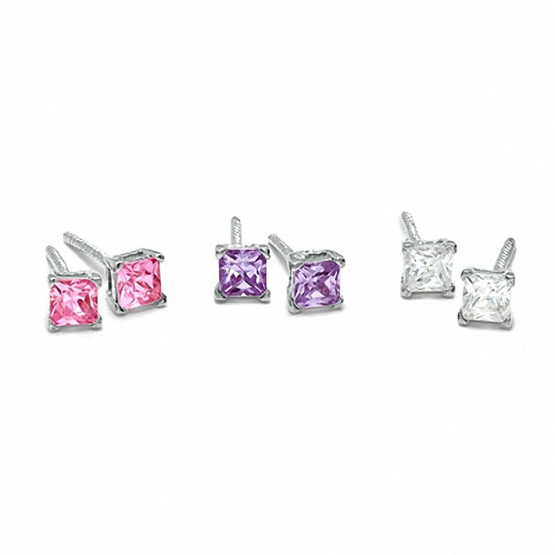 Child's 3mm Princess-Cut Cubic Zirconia Stud Earrings Set in Sterling Silver