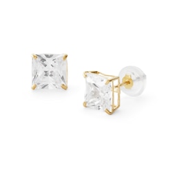 10K Solid Gold 6mm Princess-Cut CZ Solitaire Studs