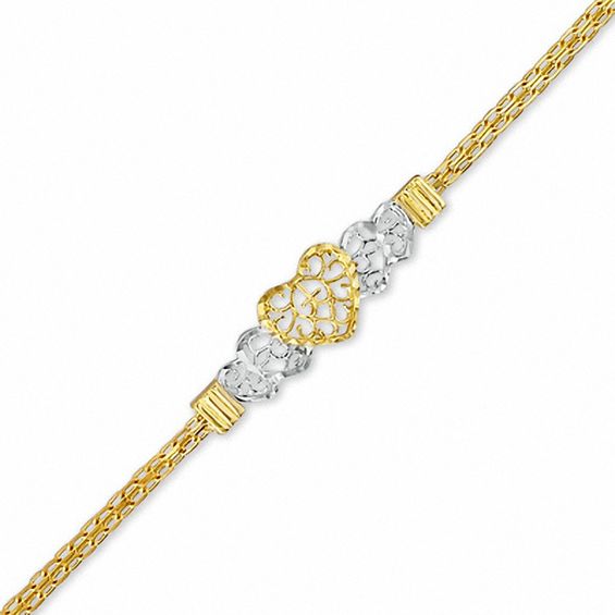 Child's 10K Two-Tone Gold Filligree Heart Bismark Chain Bracelet - 5.5"