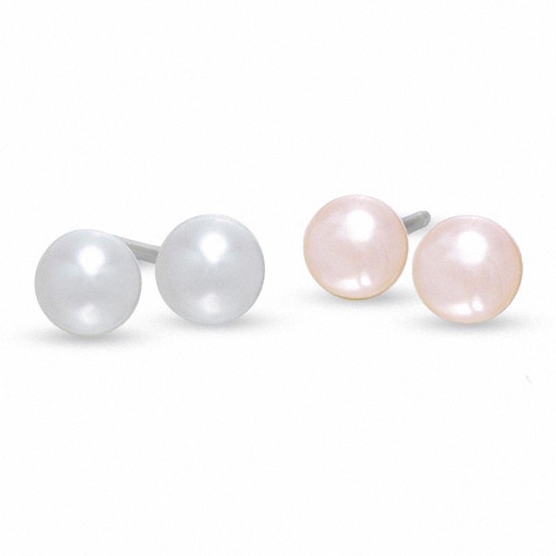 Main Image 1 of Child's 4mm White and Pink Freshwater Cultured Pearl Stud Earrings Set in Sterling Silver