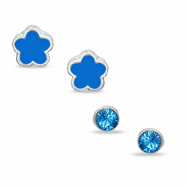 Child's 3mm Blue Cubic Zirconia Ball and Blue Enamel Flower Stud Earrings Set in Sterling Silver