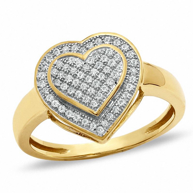 10kt Yellow Gold and Diamond Ring Band Style Double Heart Striped Ring 1/10 Cttw i2/i3, i/j 
