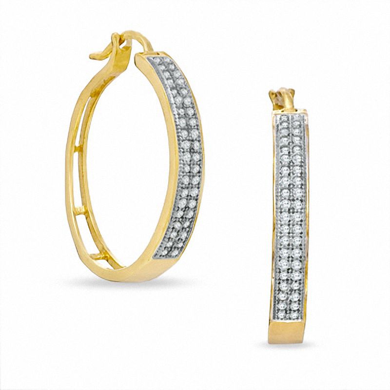 Main Image 1 of 1/5 CT. T.W. Diamond Micro Two Row Hoop Earrings in 10K Gold