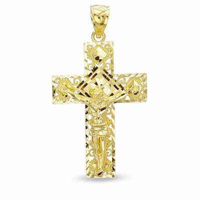 Crucifix with Diamond-Cut Filigree Outline Charm in 10K Gold