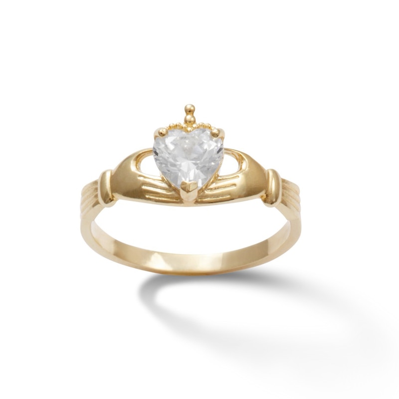 6mm Heart-Shaped Cubic Zirconia Claddagh Ring in 10K Gold