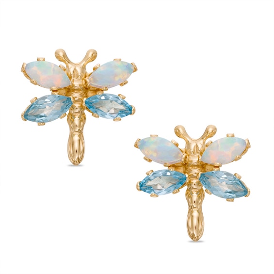 Simulated Opal and Blue Topaz Dragonfly Stud Earrings in 10K Gold