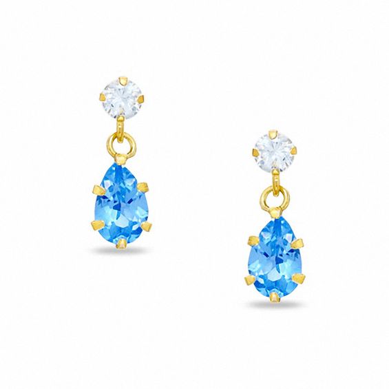 Pear-Shaped Blue Topaz Drop Earrings in 10K Gold with CZ