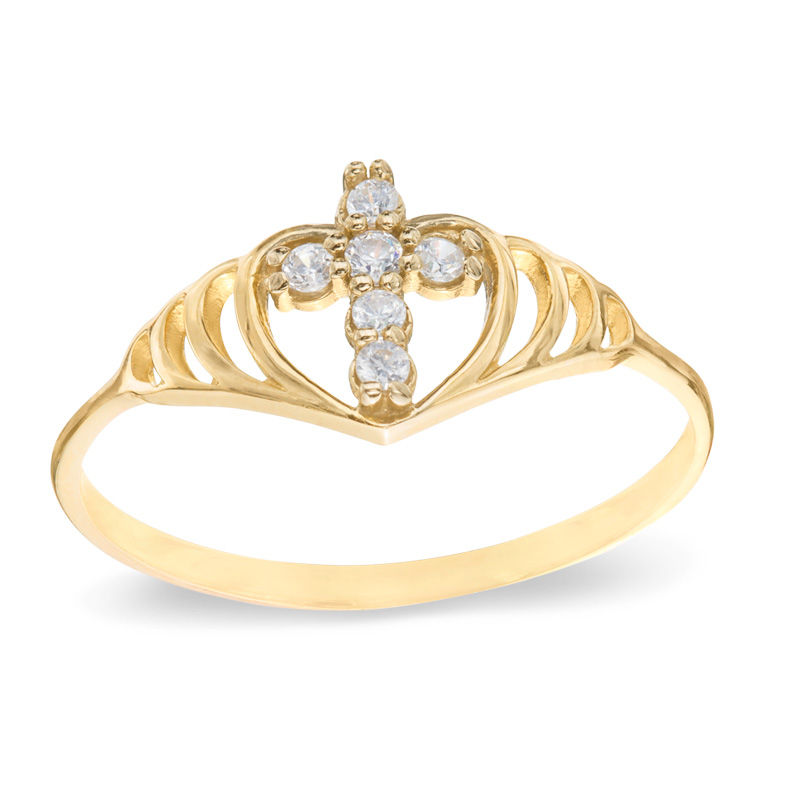 Heart and Cross Cubic Zirconia Ring in 10K Gold - Size 8