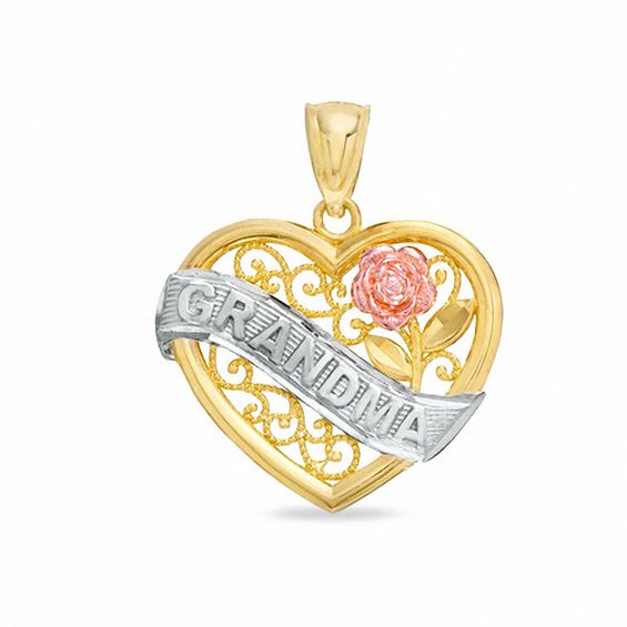 Grandma Banner in Heart Charm in 10K Tri-Tone Gold