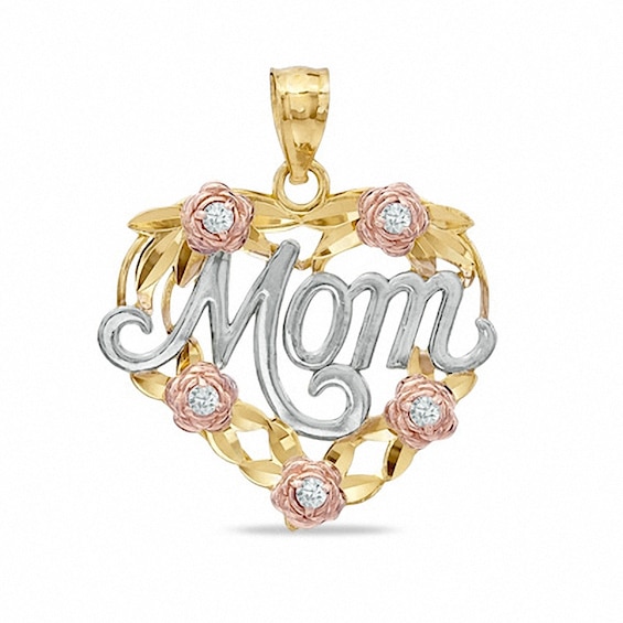 Cubic Zirconia Roses and Cursive "Mom" Heart Tri-Tone Necklace Charm in 10K Gold
