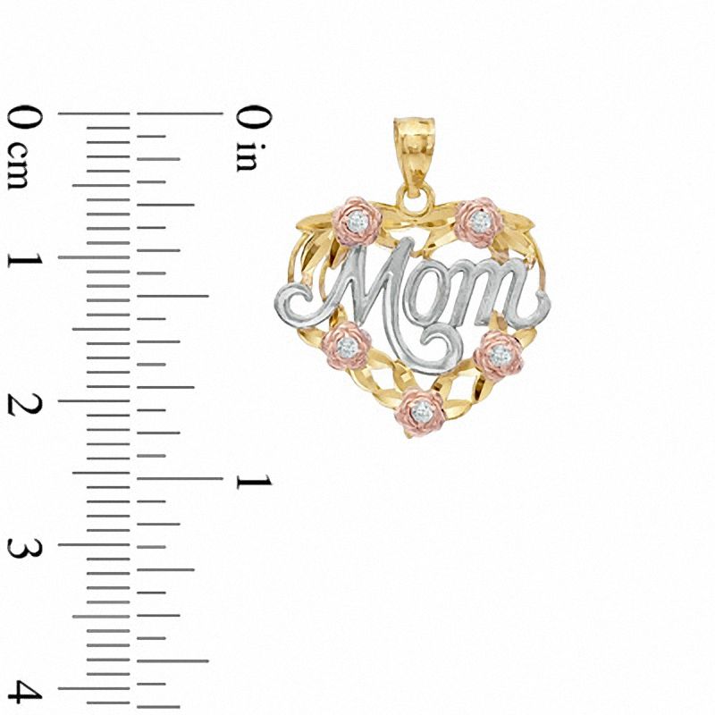 Main Image 2 of Cubic Zirconia Roses and Cursive &quot;Mom&quot; Heart Tri-Tone Necklace Charm in 10K Gold