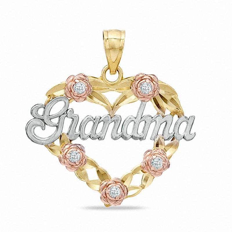 Main Image 1 of Cubic Zirconia Grandma Heart and Roses Charm in 10K Tri-Tone Gold