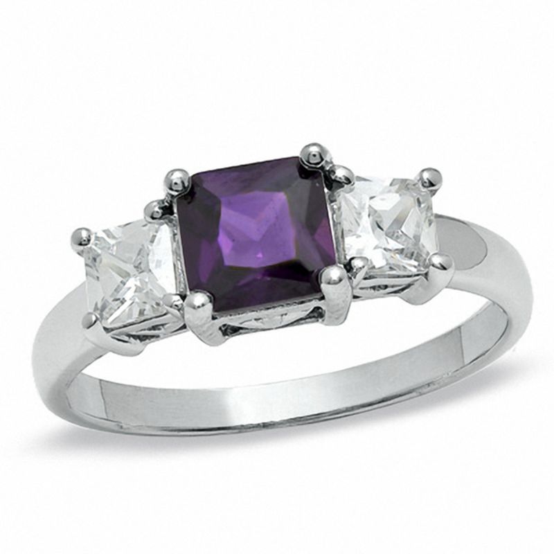 6.0mm Princess-Cut Purple and White Cubic Zirconia Three Stone Ring in Sterling Silver