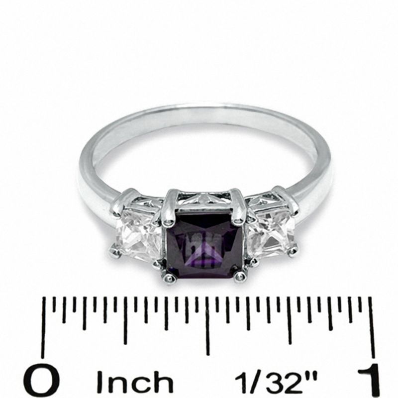 6.0mm Princess-Cut Purple and White Cubic Zirconia Three Stone Ring in Sterling Silver