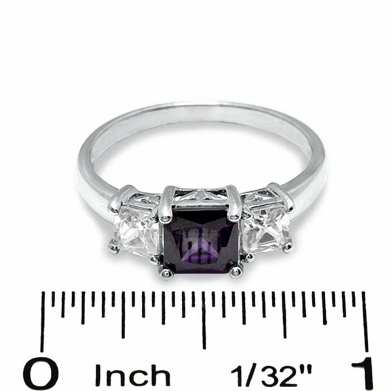 Main Image 3 of 6.0mm Princess-Cut Purple and White Cubic Zirconia Three Stone Ring in Sterling Silver