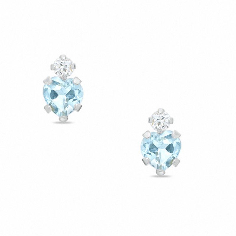4mm Heart-Shaped Aquamarine Stud Earrings in 10K White Gold with CZ