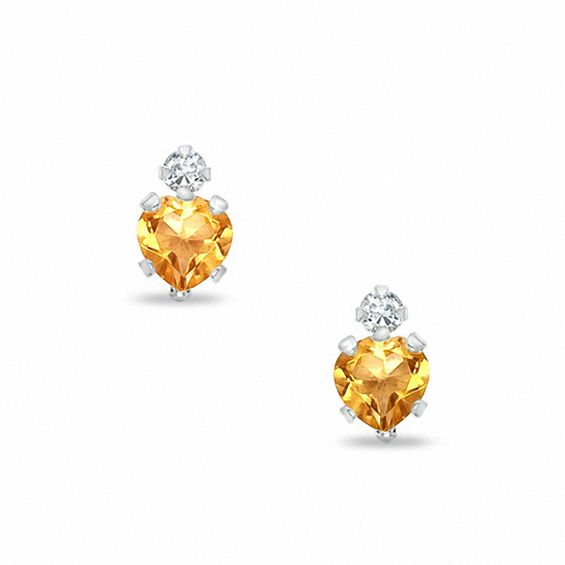 4mm Heart-Shaped Citrine Stud Earrings in 10K White Gold with CZ