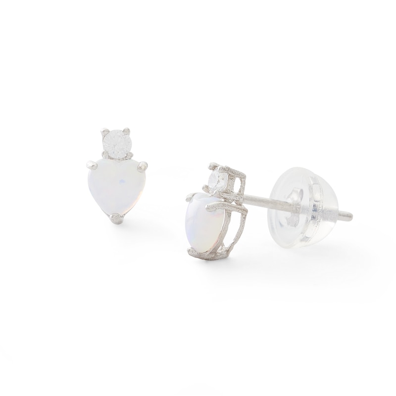 4mm Heart-Shaped Simulated Opal Stud Earrings in 10K White Gold with CZ