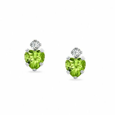 4mm Heart-Shaped Peridot Stud Earrings in 10K White Gold with CZ
