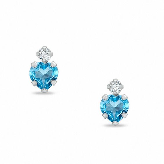 4mm Heart-Shaped Blue Topaz Earrings in 10K White Gold with CZ