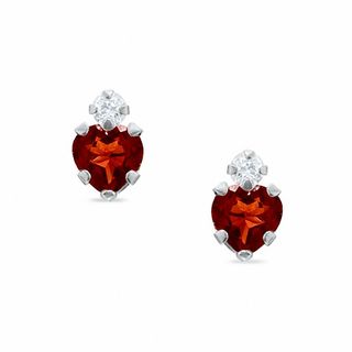 4mm Heart-Shaped Garnet Stud Earrings in 10K White Gold with CZ