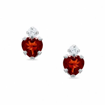 4mm Heart-Shaped Garnet Stud Earrings in 10K White Gold with CZ