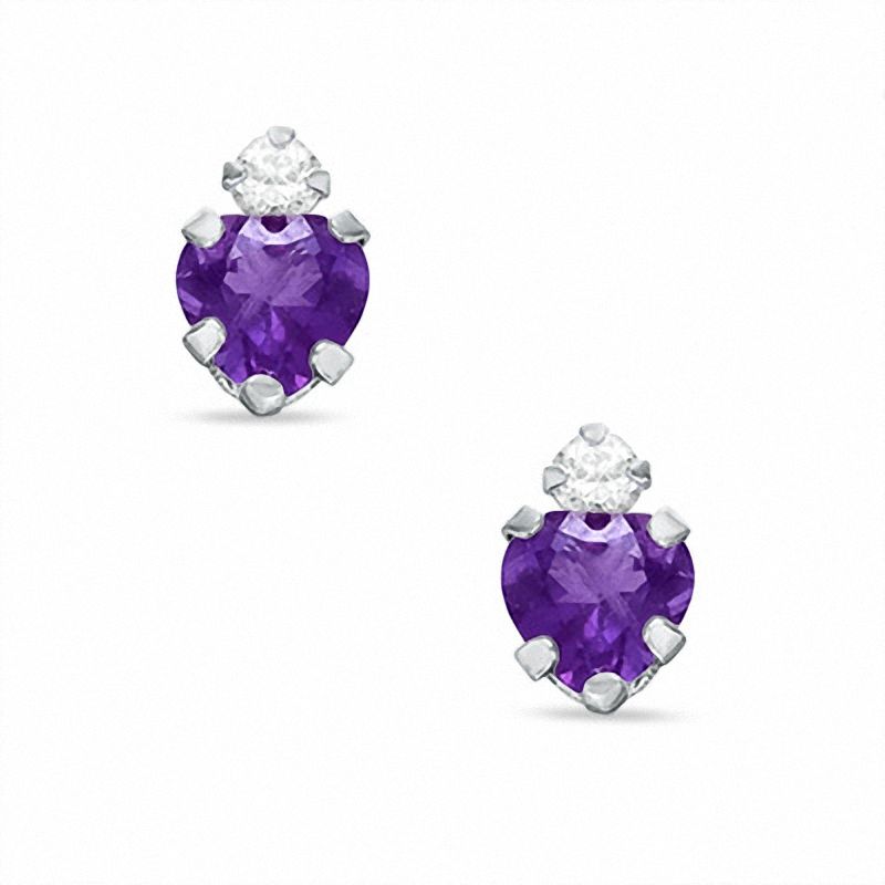 4mm Amethyst Heart Stud Earrings in 10K White Gold with CZ