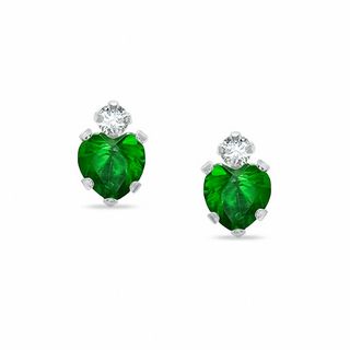 4mm Heart-Shaped Simulated Emerald Stud Earrings in 10K White Gold with CZ