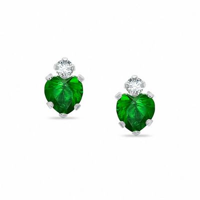 4mm Heart-Shaped Simulated Emerald Stud Earrings in 10K White Gold with CZ