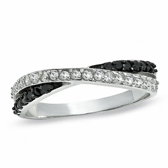 Black and White Cubic Zirconia Crossover Ring in Sterling Silver