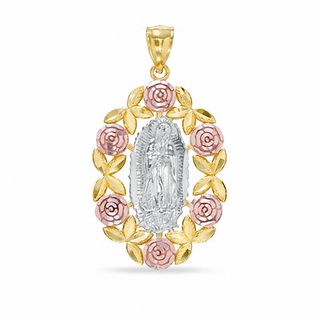 Diamond-Cut Our Lady of Guadalupe with Roses Tri-Tone Necklace Charm in 10K Gold