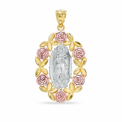 Diamond-Cut Our Lady of Guadalupe with Roses Tri-Tone Necklace Charm in 10K Gold