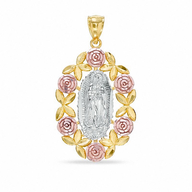 Main Image 1 of Diamond-Cut Our Lady of Guadalupe with Roses Tri-Tone Necklace Charm in 10K Gold