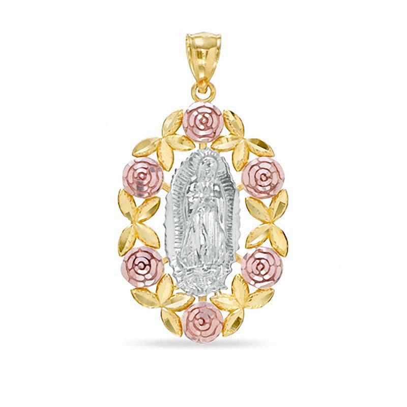 Diamond-Cut Our Lady of Guadalupe with Roses Tri-Tone Necklace Charm in 10K Gold