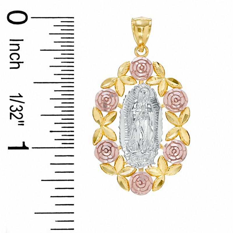 Main Image 2 of Diamond-Cut Our Lady of Guadalupe with Roses Tri-Tone Necklace Charm in 10K Gold