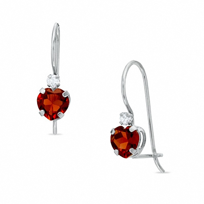 5mm Heart-Shaped Garnet Drop Earrings in 10K White Gold with CZ