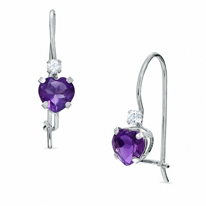 5mm Heart-Shaped Amethyst Drop Earrings in 10K White Gold with CZ